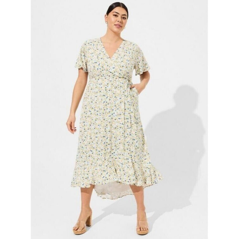 TORRID Size 1X Slub Surplice Wrap Maxi Dress Sunshine Ditsy Floral New